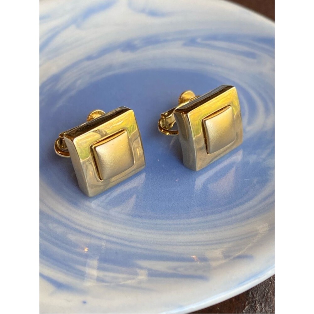 Vintage Napier Brushed Gold Tone Square Clip On Earrings